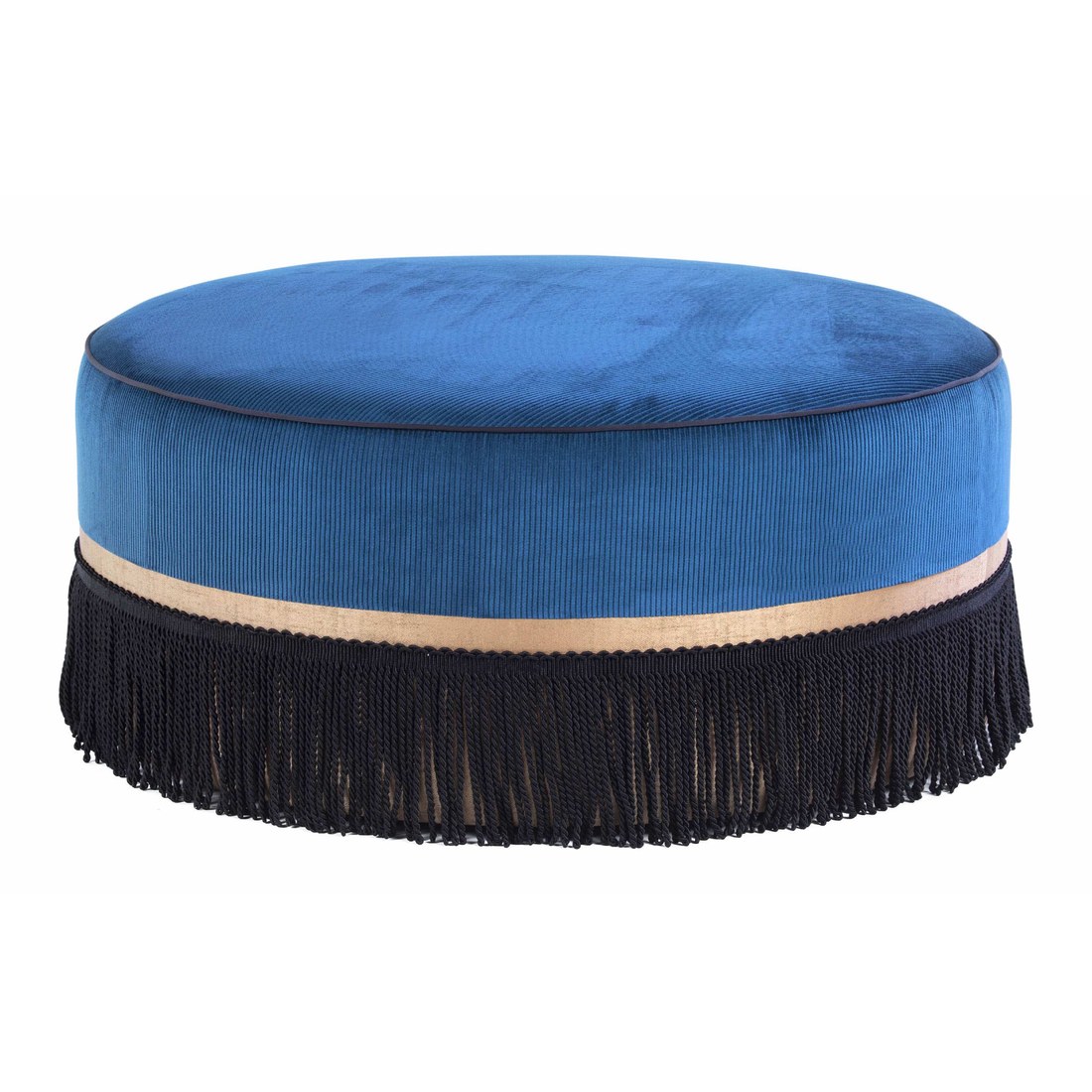 Rio large round ottoman in blue velvet with gold band and fringe — ByKepi